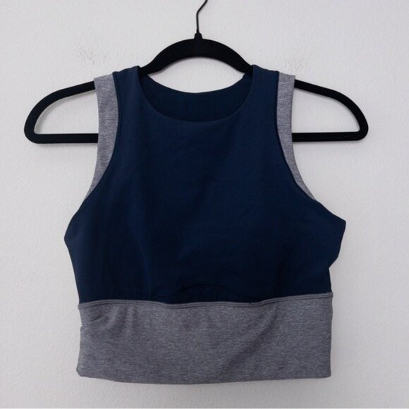 Lululemon Kick Serve Sweat Bra 6 Navy Heathered Slate Lemon Sleeveless Top - Picture 3 of 9